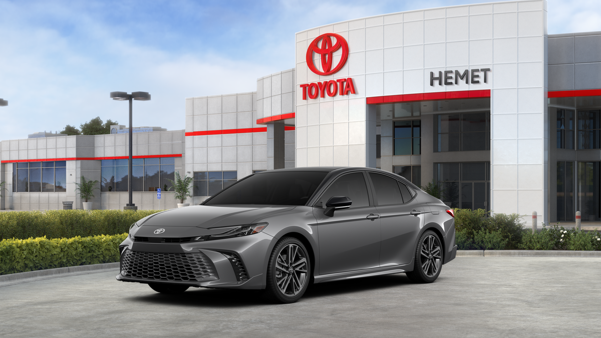 2026 Toyota Camry XSE in Heavy Metal With Midnight Black Metallic Roof — front three-quarter view