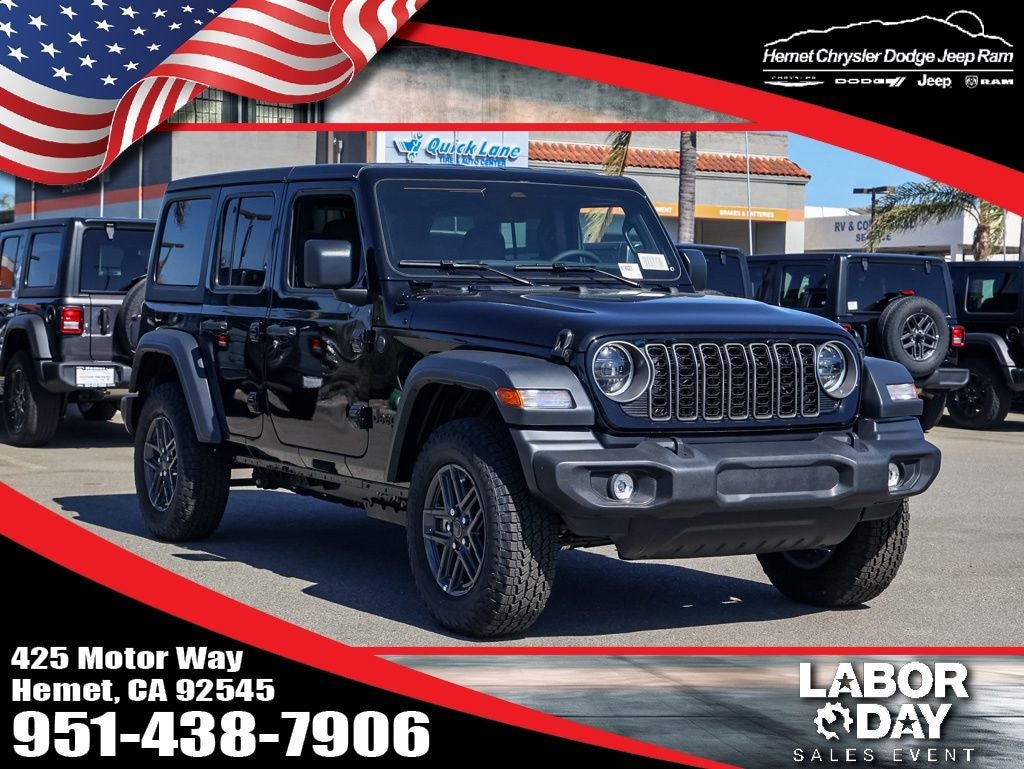 2026 Jeep Wrangler Unlimited Sport S in Black Clearcoat — front three-quarter view