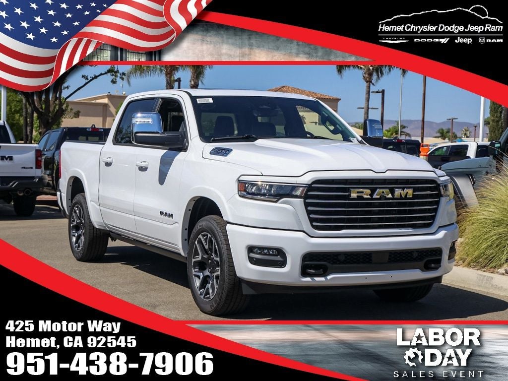 2026 RAM 1500 Laramie in Bright White Clearcoat — front three-quarter view